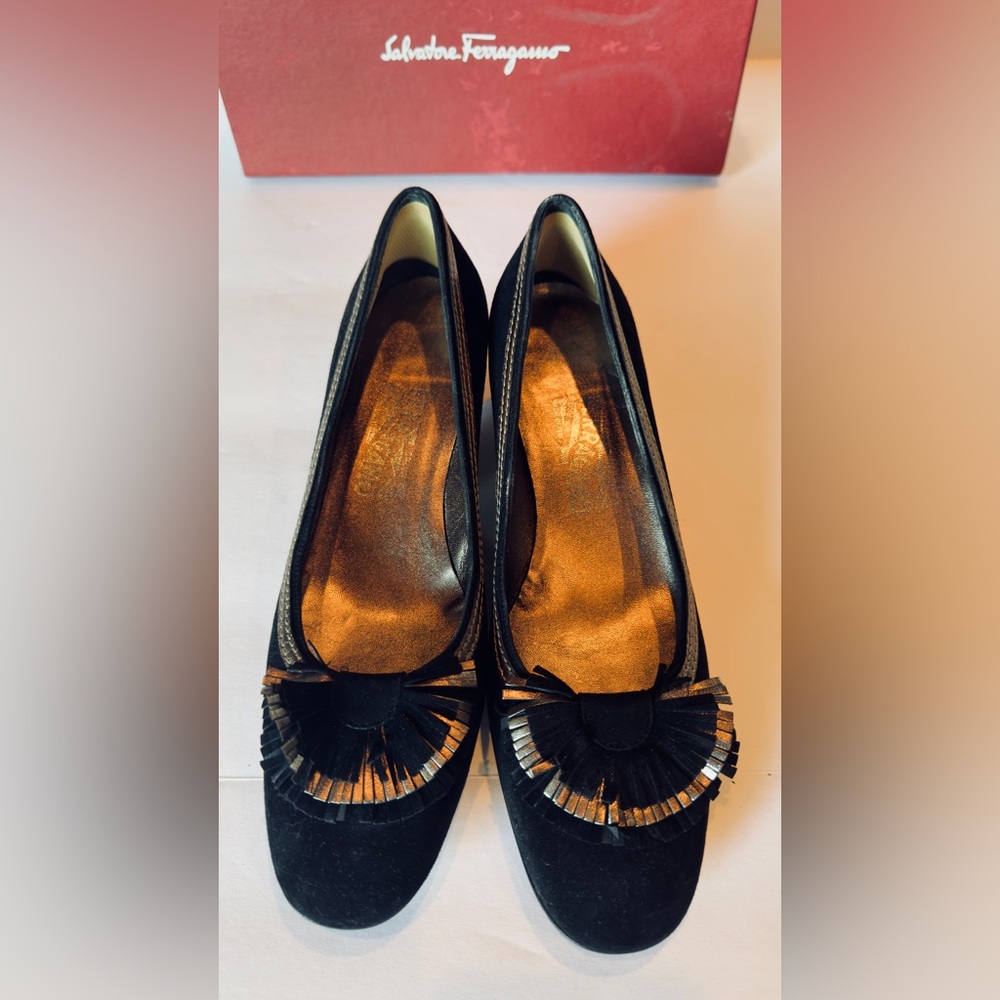 Salvatore Ferragamo Black Suede with Gold detail Heels 8.5 AA - Picture 3 of 10